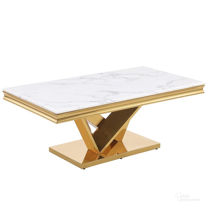 The appearance of Titan Rectangle Faux Marble Coffee Table In Gold designed by Best Master Furniture in the modern / contemporary interior design. This gold piece of furniture  was selected by 1StopBedrooms from Titan Collection to add a touch of cosiness and style into your home. Sku: T134GC. Material: Marble. Product Type: Coffee Table. Image1