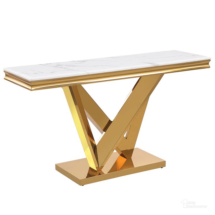The appearance of Titan Rectangle Faux Marble Console Table In Gold designed by Best Master Furniture in the modern / contemporary interior design. This gold piece of furniture  was selected by 1StopBedrooms from Titan Collection to add a touch of cosiness and style into your home. Sku: T134GS. Material: Marble. Product Type: Console Table. Image1