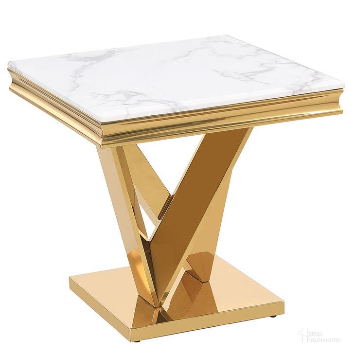 The appearance of Titan Square Faux Marble End Table In Gold designed by Best Master Furniture in the modern / contemporary interior design. This gold piece of furniture  was selected by 1StopBedrooms from Titan Collection to add a touch of cosiness and style into your home. Sku: T134GE. Material: Marble. Product Type: End Table. Image1