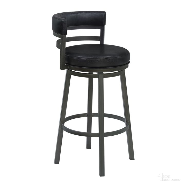 The appearance of Titana 26 Inch Counter Height Metal Swivel Barstool In Ford Black Pu and Mineral Finish designed by Armen Living in the transitional interior design. This black piece of furniture  was selected by 1StopBedrooms from Titana Collection to add a touch of cosiness and style into your home. Sku: 721535746897. Material: Metal. Product Type: Barstool. Image1