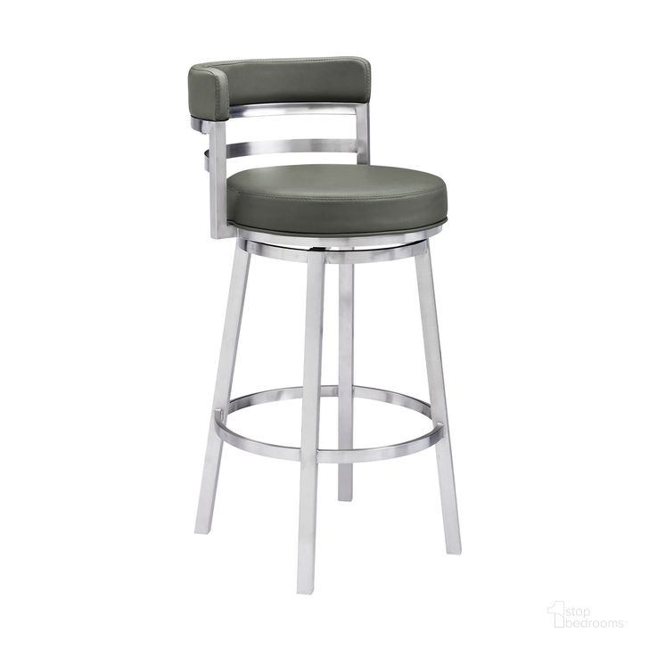 The appearance of Titana 26 Inch Counter Height Swivel Bar Stool In Gray Faux Leather and Brushed Stainless Steel designed by Armen Living in the transitional interior design. This gray piece of furniture  was selected by 1StopBedrooms from Titana Collection to add a touch of cosiness and style into your home. Sku: 840254335073. Material: Faux Leather. Product Type: Barstool. Image1
