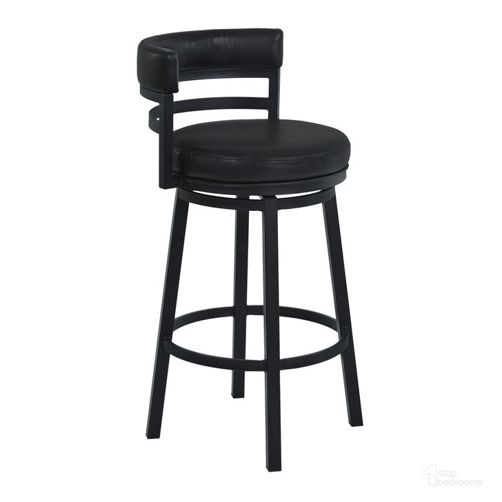 The appearance of Titana 30 Inch Bar Height Metal Swivel Barstool In Ford Black Pu and Black Finish designed by Armen Living in the transitional interior design. This black piece of furniture  was selected by 1StopBedrooms from Titana Collection to add a touch of cosiness and style into your home. Sku: 721535746910. Material: Metal. Product Type: Barstool. Image1