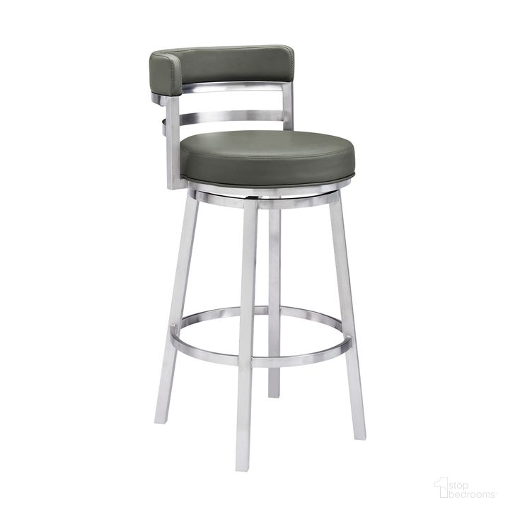 The appearance of Titana 30 Inch Bar Height Swivel Bar Stool In Gray Faux Leather and Brushed Stainless Steel designed by Armen Living in the transitional interior design. This gray piece of furniture  was selected by 1StopBedrooms from Titana Collection to add a touch of cosiness and style into your home. Sku: 840254335066. Material: Faux Leather. Product Type: Barstool. Image1
