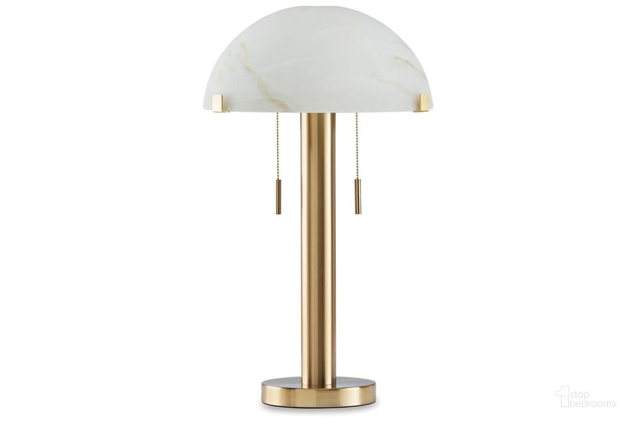 The appearance of Tobbinsen Table Lamp In Brass designed by Signature Design by Ashley in the modern / contemporary interior design. This brass piece of furniture  was selected by 1StopBedrooms from Tobbinsen Collection to add a touch of cosiness and style into your home. Sku: L208424. Material: Glass. Product Type: Table Lamp. Image1