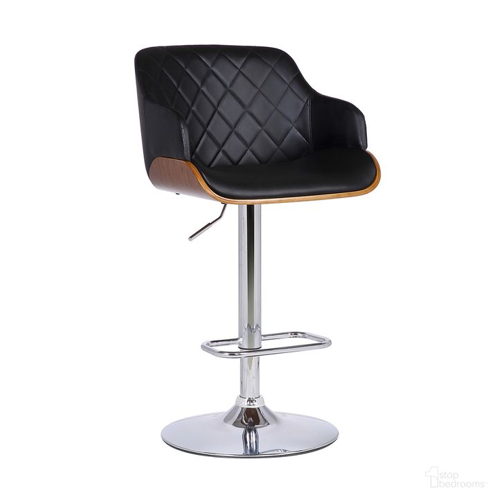 The appearance of Toby Black Faux Leather Adjustable Height Swivel Walnut Wood and Chrome Bar Stool designed by Armen Living in the transitional interior design. This black piece of furniture  was selected by 1StopBedrooms from Toby Collection to add a touch of cosiness and style into your home. Sku: LCTOSWBAWABL. Material: Wood. Product Type: Barstool. Image1