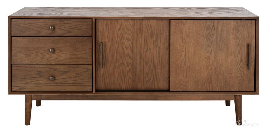 The appearance of Tomas Mid-Century Media Stand In Medium Oak designed by Safavieh Couture in the transitional interior design. This medium oak piece of furniture  was selected by 1StopBedrooms from Tomas Collection to add a touch of cosiness and style into your home. Sku: SFV2113C. Material: Wood. Product Type: TV Stands and TV Console. Image1