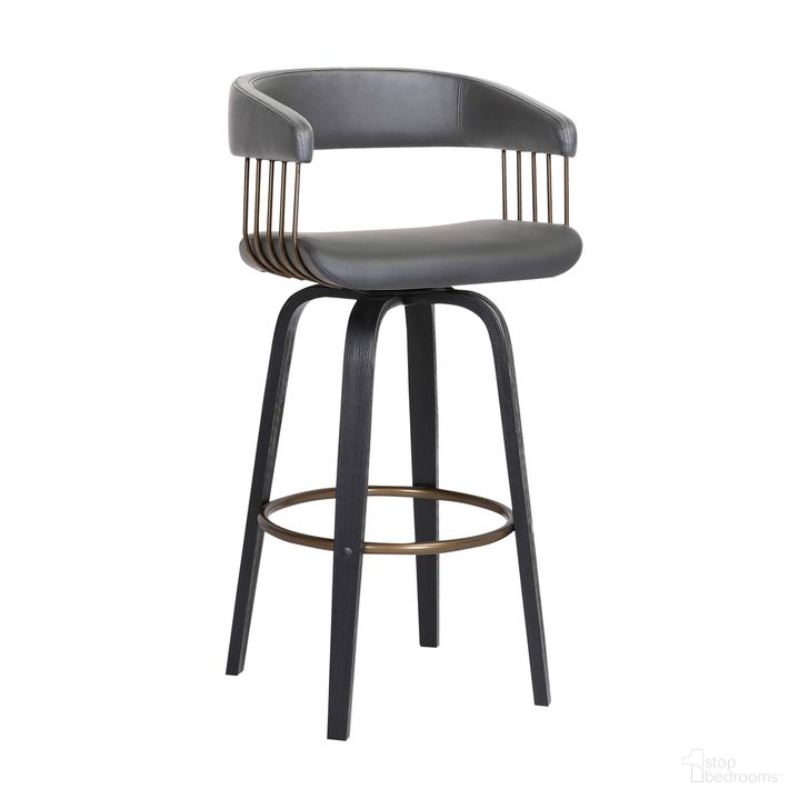 The appearance of Topanga 26 Inch Swivel Black Wood Counter Stool In Gray Faux Leather with Golden Bronze Metal designed by Armen Living in the modern / contemporary interior design. This gray piece of furniture  was selected by 1StopBedrooms from Topanga Collection to add a touch of cosiness and style into your home. Sku: LCTOBABLKGRY26. Material: Faux Leather. Product Type: Barstool. Image1