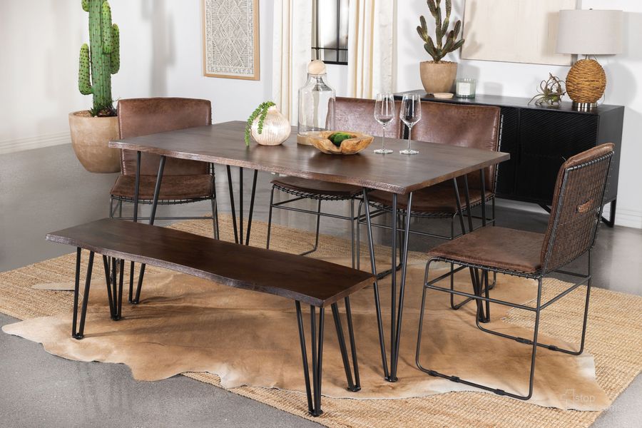 The appearance of Topeka Mango Cocoa And Gunmetal Live Edge Dining Room Set designed by Coaster in the rustic / southwestern interior design. This brown piece of furniture  was selected by 1StopBedrooms from Topeka Collection to add a touch of cosiness and style into your home. Sku: 193851B1;193851B2;192502. Material: Metal. Product Type: Dining Room Set. Size: 36". Image1