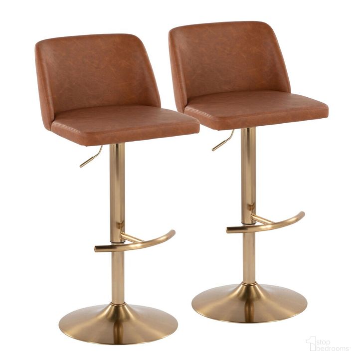 The appearance of Toriano Adjustable Barstool Set of 2 In Gold designed by Lumisource in the modern / contemporary interior design. This gold piece of furniture  was selected by 1StopBedrooms from Tintori Collection to add a touch of cosiness and style into your home. Sku: BS-TRNOPU-RT2 AUCAM2. Material: Leather. Product Type: Barstool. Image1