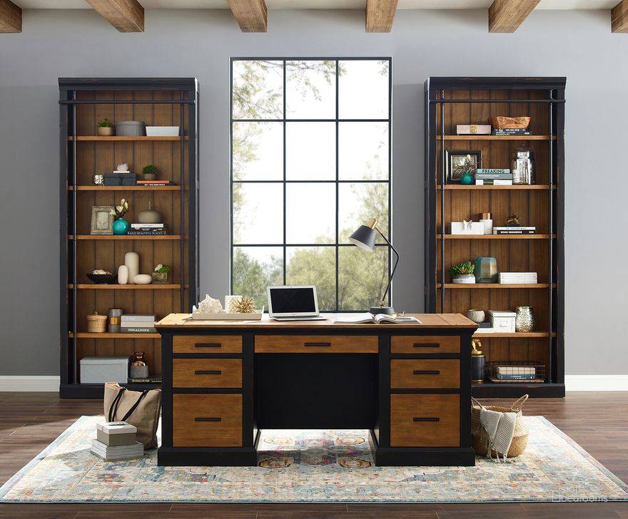 The appearance of Toulouse Double Pedestal Home Office Set In Black designed by Martin Furniture in the transitional interior design. This black piece of furniture  was selected by 1StopBedrooms from Toulouse Collection to add a touch of cosiness and style into your home. Sku: IMTE680;IMTE450. Material: Wood. Product Type: Home Office Set. Image1
