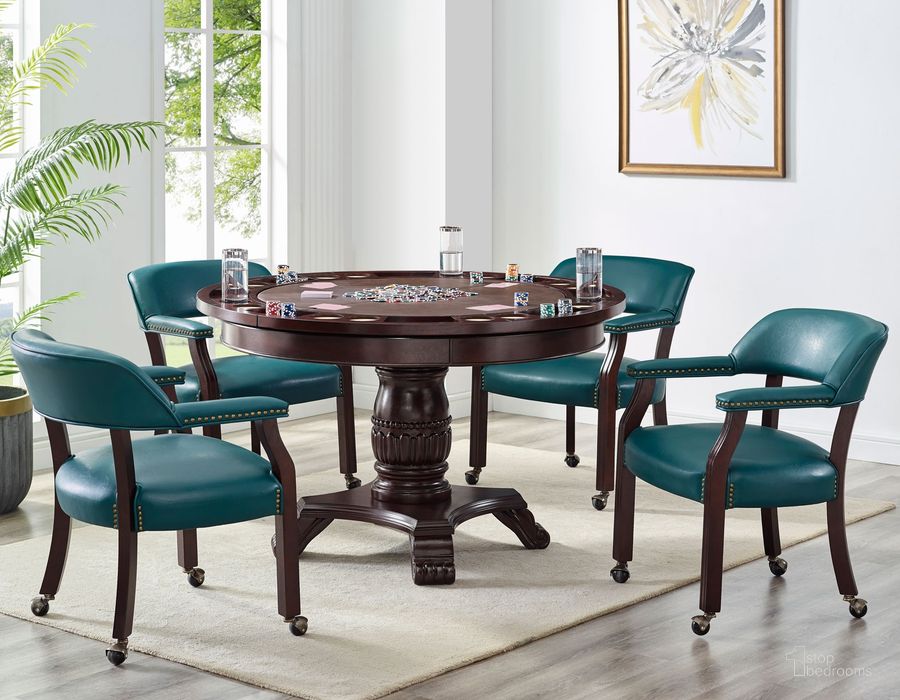 The appearance of Tournament Brown Round Folding Game Room Set with Teal Chairs designed by Steve Silver in the traditional interior design. This teal piece of furniture  was selected by 1StopBedrooms from Tournament Collection to add a touch of cosiness and style into your home. Sku: TU5050GT;TU5050T;TU5050B;TU500AT. Material: Wood. Product Type: Game Table Set. Image1