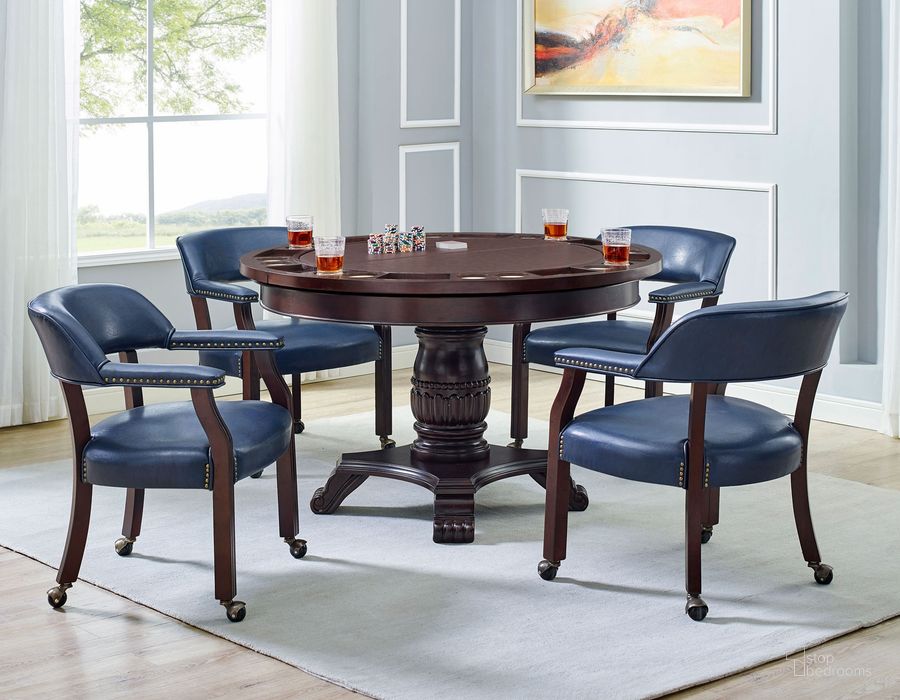 The appearance of Tournament Brown Round Folding Game Room Set with Navy Blue Chairs designed by Steve Silver in the traditional interior design. This navy blue piece of furniture  was selected by 1StopBedrooms from Tournament Collection to add a touch of cosiness and style into your home. Sku: TU5050GT;TU5050T;TU5050B;TU500AN. Material: Wood. Product Type: Game Table Set. Image1