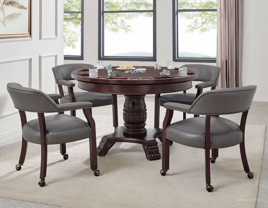 The appearance of Tournament Brown Round Folding Game Room Set with Gray Chairs designed by Steve Silver in the traditional interior design. This gray piece of furniture  was selected by 1StopBedrooms from Tournament Collection to add a touch of cosiness and style into your home. Sku: TU5050GT;TU5050T;TU5050B;TU500AG. Material: Wood. Product Type: Game Table Set. Image1