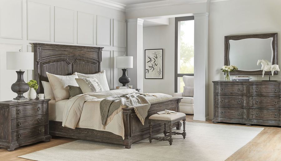 The appearance of Traditions Panel Bedroom Set In Dark Wood designed by Hooker in the traditional interior design. This dark wood piece of furniture  was selected by 1StopBedrooms from Traditions Collection to add a touch of cosiness and style into your home. Sku: 5961-90253-89;5961-90267-89;5961-90268-89;5961-90015-89. Material: Wood. Product Type: Bedroom Set. Bed Size: King. Image1