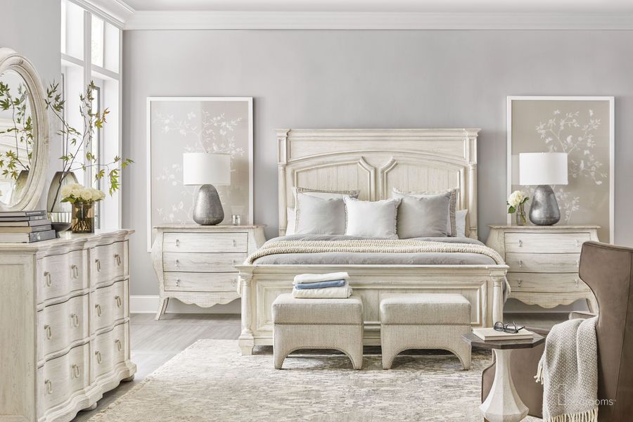 The appearance of Traditions Panel Bedroom Set In White designed by Hooker in the traditional interior design. This white piece of furniture  was selected by 1StopBedrooms from Traditions Collection to add a touch of cosiness and style into your home. Sku: 5961-90253-02;5961-90267-02;5961-90268-02;5961-90015-02. Material: Wood. Product Type: Bedroom Set. Bed Size: King. Image1