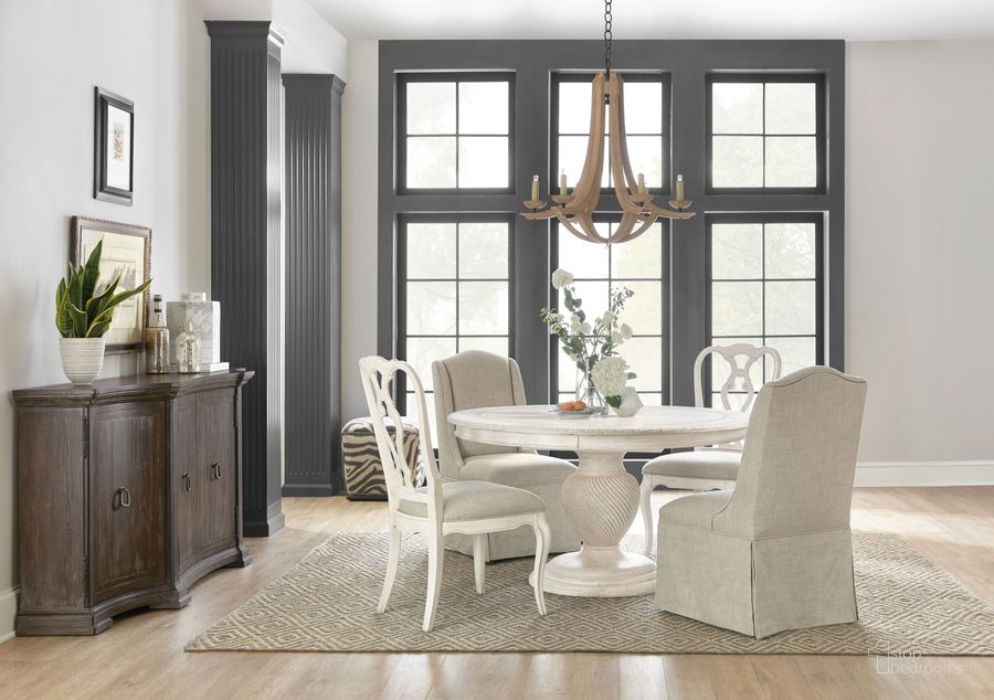 The appearance of Traditions Soft White 54 Inch Round Extendable Dining Room Set designed by Hooker in the traditional interior design. This white piece of furniture  was selected by 1StopBedrooms from Traditions Collection to add a touch of cosiness and style into your home. Sku: 5961-75201B-02;5961-75201T-02;5961-75410-02. Material: Wood. Product Type: Dining Room Set. Image1