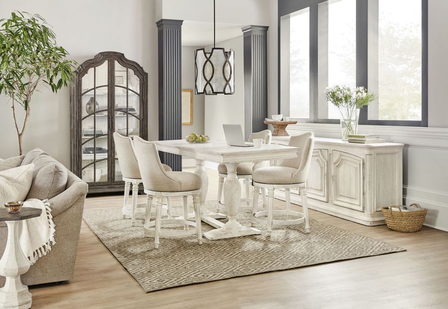 The appearance of Traditions Soft White Friendship Extendable Counter Height Dining Room Set designed by Hooker in the traditional interior design. This white piece of furniture  was selected by 1StopBedrooms from Traditions Collection to add a touch of cosiness and style into your home. Sku: 5961-75206B-02;5961-75206T-02;5961-75550-02. Material: Wood. Product Type: Dining Room Set. Image1