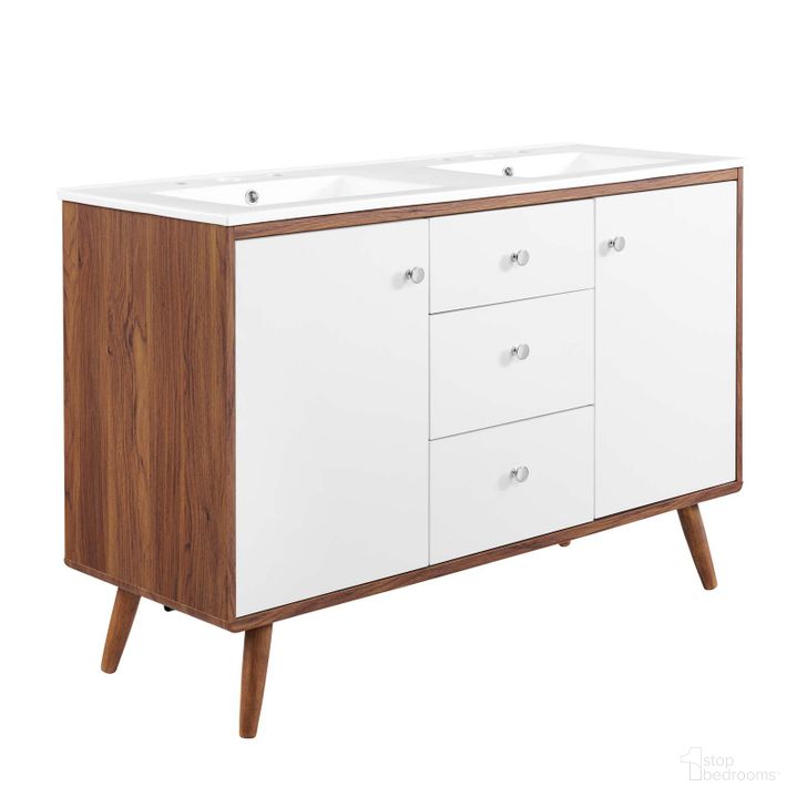 The appearance of Transmit 48 Inch Double Sink Bathroom Vanity EEI-4440-WAL-WHI designed by Modway in the modern / contemporary interior design. This walnut white piece of furniture  was selected by 1StopBedrooms from Transmit Collection to add a touch of cosiness and style into your home. Sku: EEI-4440-WAL-WHI. Material: Wood. Product Type: Bathroom Vanity. Image1