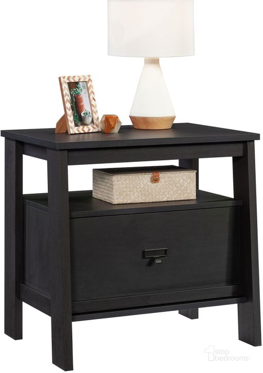The appearance of Trestle Night Stand In Raven Oak designed by Sauder in the modern / contemporary interior design. This raven oak piece of furniture  was selected by 1StopBedrooms from Trestle Collection to add a touch of cosiness and style into your home. Sku: 433654. Product Type: Nightstand. Material: Engineered Wood. Image1