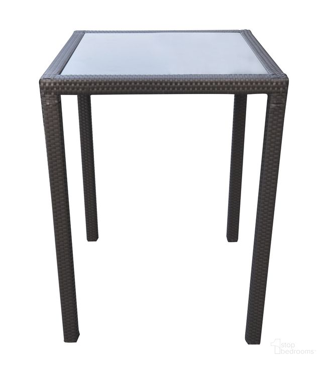 The appearance of Tropez Outdoor Patio Wicker Bar Table with Black Glass Top designed by Armen Living in the modern / contemporary interior design. This black piece of furniture  was selected by 1StopBedrooms from Tropez Collection to add a touch of cosiness and style into your home. Sku: LCTRBTBE. Material: Aluminum. Product Type: Outdoor Bar Furniture. Image1