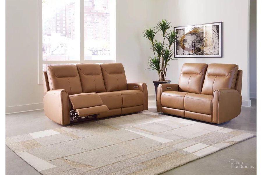 The appearance of Tryanny Power Reclining Living Room Set In Butterscotch designed by Signature Design by Ashley in the modern / contemporary interior design. This butterscotch piece of furniture  was selected by 1StopBedrooms from Tryanny Collection to add a touch of cosiness and style into your home. Sku: U9370415;U9370414. Product Type: Living Room Set. Material: Leather Match. Image1