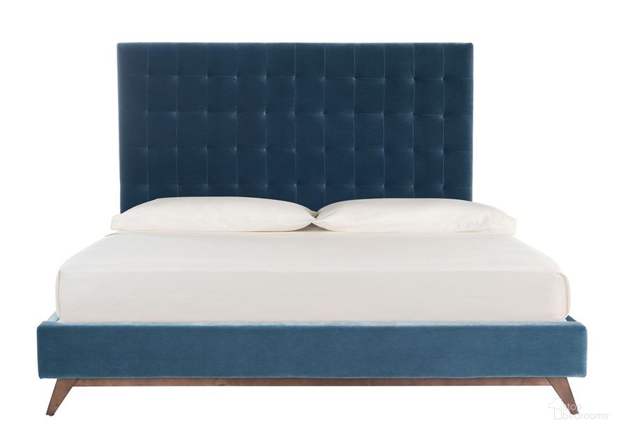 The appearance of Tsarina Velvet Tufted Bed In Dusty Blue designed by Safavieh Couture in the modern / contemporary interior design. This dusty blue piece of furniture  was selected by 1StopBedrooms from Tsarina Collection to add a touch of cosiness and style into your home. Sku: KNT4091D-Q-3BX. Bed Type: Platform Bed. Product Type: Platform Bed. Bed Size: Queen. Material: Plywood. Image1