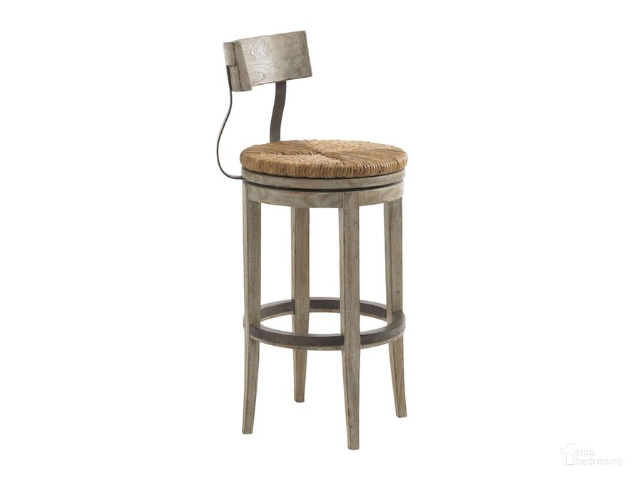 The appearance of Twilight Bay Antique Linen Dalton Bar Stool designed by Lexington in the rustic / southwestern interior design. This gray piece of furniture  was selected by 1StopBedrooms from Twilight Bay Collection to add a touch of cosiness and style into your home. Sku: 01-0352-816-01. Material: Wood. Product Type: Barstool. Image1