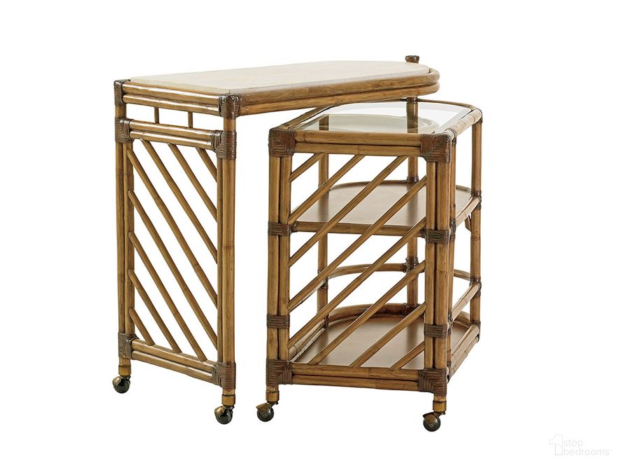 The appearance of Twin Palms Cable Beach Bar Cart designed by Tommy Bahama in the cabin / lodge interior design. This brown piece of furniture  was selected by 1StopBedrooms from Twin Palms Collection to add a touch of cosiness and style into your home. Sku: 01-0558-862. Material: Wood. Product Type: Serving Cart. Image1