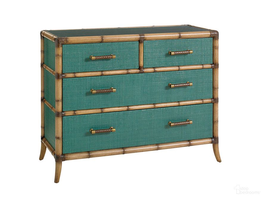 The appearance of Twin Palms Pacific Teal Chest designed by Tommy Bahama in the cabin / lodge interior design. This blue piece of furniture  was selected by 1StopBedrooms from Twin Palms Collection to add a touch of cosiness and style into your home. Sku: 01-0560-624. Material: Wood. Product Type: Night Table. Image1