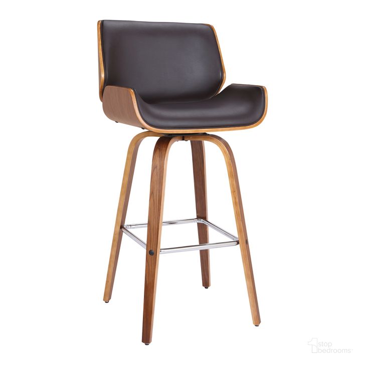 The appearance of Tyler 30 Inch Bar Height Swivel Brown Faux Leather and Walnut Wood Bar Stool designed by Armen Living in the transitional interior design. This brown piece of furniture  was selected by 1StopBedrooms from Tyler Collection to add a touch of cosiness and style into your home. Sku: LCTYBABRWA30. Product Type: Barstool. Material: Poplar. Image1