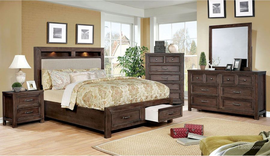 The appearance of Tywyn Dark Oak Panel Storage Bedroom Set designed by Furniture of America in the transitional interior design. This brown piece of furniture  was selected by 1StopBedrooms from Tywyn Collection to add a touch of cosiness and style into your home. Sku: CM7365A-Q-HB;CM7365A-Q-FB;CM7365A-Q-R;CM7365A-N. Material: Wood. Product Type: Bedroom Set. Bed Size: Queen. Image1