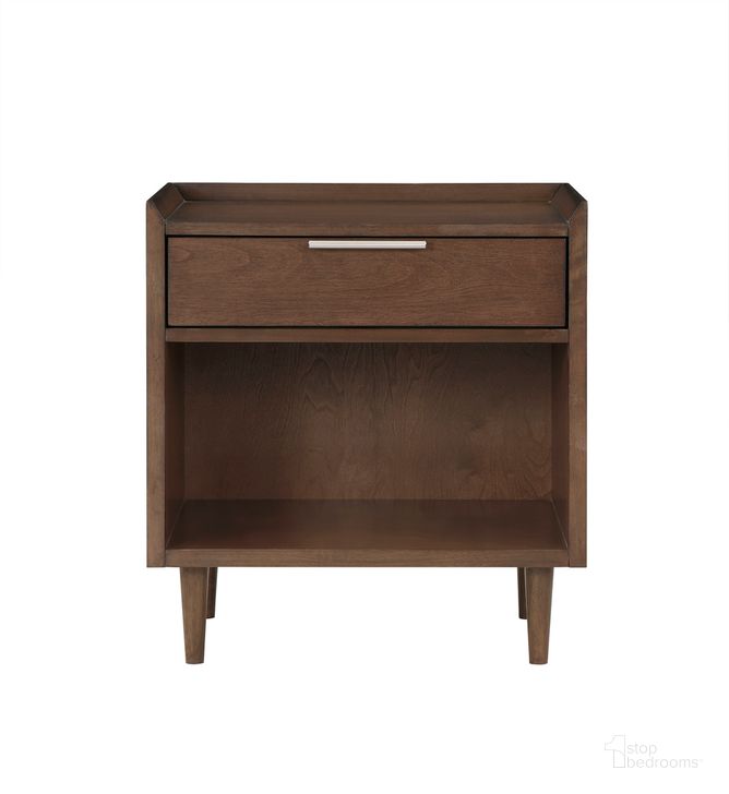 The appearance of Urbana Mid Century Modern 1 Drawer Nightstand In Walnut designed by Comfort Pointe in the transitional interior design. This walnut piece of furniture  was selected by 1StopBedrooms from Urbana Collection to add a touch of cosiness and style into your home. Sku: 832-10-40. Product Type: Nightstand. Material: Poplar. Image1