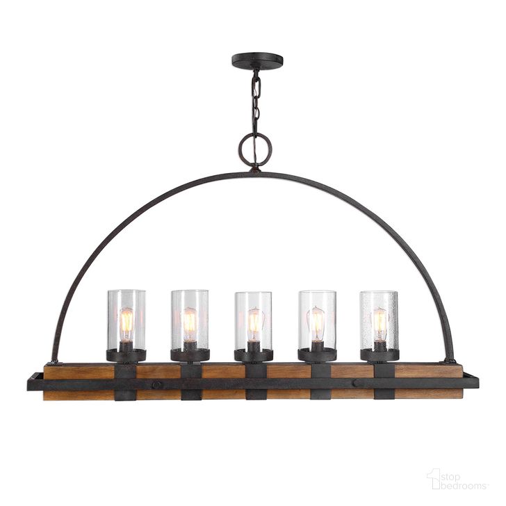 The appearance of Uttermost Atwood 5 Light Rustic Linear Chandelier designed by Uttermost in the traditional interior design. This black piece of furniture  was selected by 1StopBedrooms from Atwood Collection to add a touch of cosiness and style into your home. Sku: 21328. Material: Wood. Product Type: Chandelier. Image1