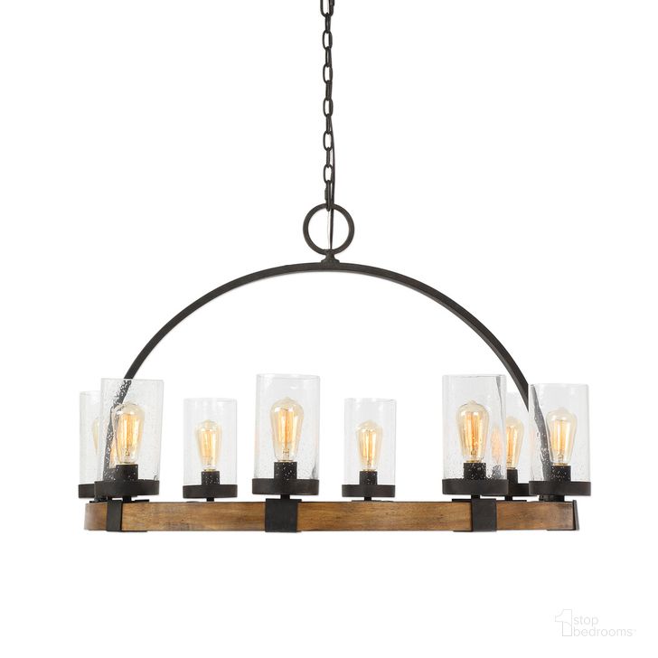 The appearance of Uttermost Atwood 8 Light Wagon Wheel Pendant designed by Uttermost in the transitional interior design. This black piece of furniture  was selected by 1StopBedrooms from Atwood Collection to add a touch of cosiness and style into your home. Sku: 22133. Material: Wood. Product Type: Pendant Lighting. Image1