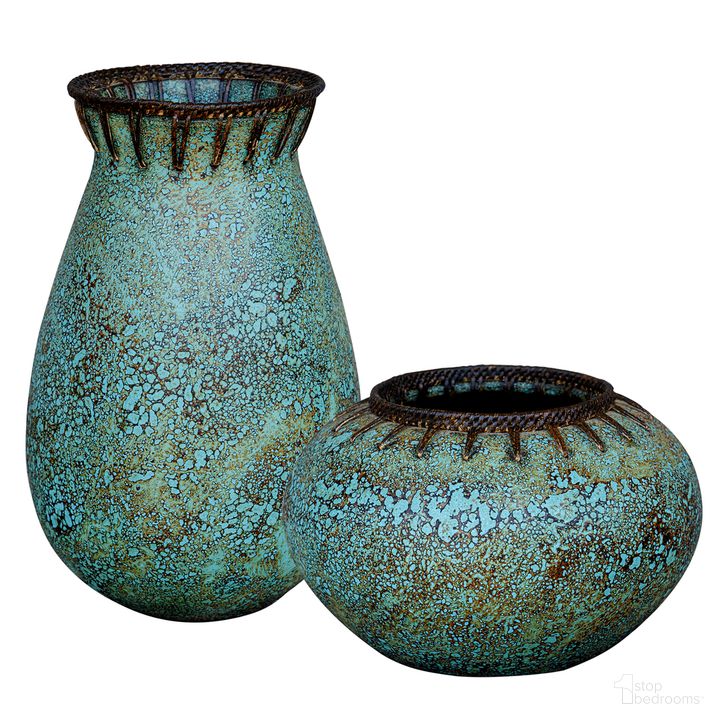 The appearance of Uttermost Bisbee Turquoise Vases Set Of 2 designed by Uttermost in the modern / contemporary interior design. This turquoise piece of furniture  was selected by 1StopBedrooms from Bisbee Collection to add a touch of cosiness and style into your home. Sku: 17111. Product Type: Vase. Image1