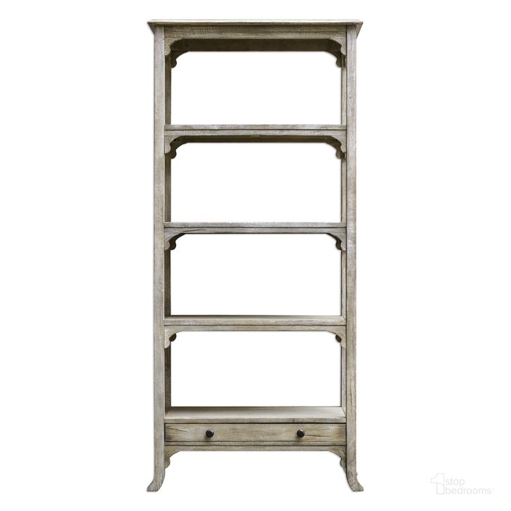 The appearance of Uttermost Bridgely Aged White Etagere designed by Uttermost in the traditional interior design. This white piece of furniture  was selected by 1StopBedrooms from Bridgely Collection to add a touch of cosiness and style into your home. Sku: 25661. Product Type: Etagere. Material: MDF. Image1