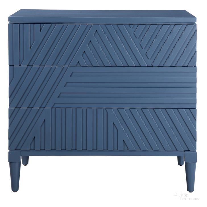 The appearance of Uttermost Colby Blue Drawer Chest designed by Uttermost in the modern / contemporary interior design. This blue piece of furniture  was selected by 1StopBedrooms from Colby Collection to add a touch of cosiness and style into your home. Sku: 25383. Product Type: Chest. Material: MDF. Image1