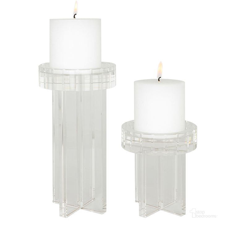 The appearance of Uttermost Crystal Pillar Candleholders Set Of 2 designed by Uttermost in the traditional interior design. This white piece of furniture  was selected by 1StopBedrooms from Crystal Collection to add a touch of cosiness and style into your home. Sku: 18054. Product Type: Candle Holder. Material: Crystal. Image1