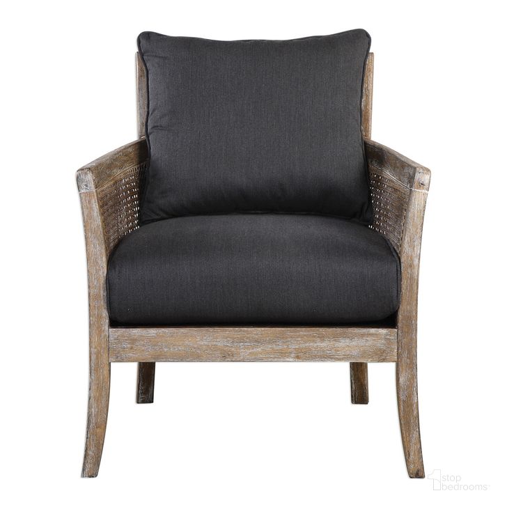 The appearance of Uttermost Encore Dark Gray Armchair designed by Uttermost in the transitional interior design. This gray piece of furniture  was selected by 1StopBedrooms from Encore Collection to add a touch of cosiness and style into your home. Sku: 23366. Material: Wood. Product Type: Arm Chair. Image1