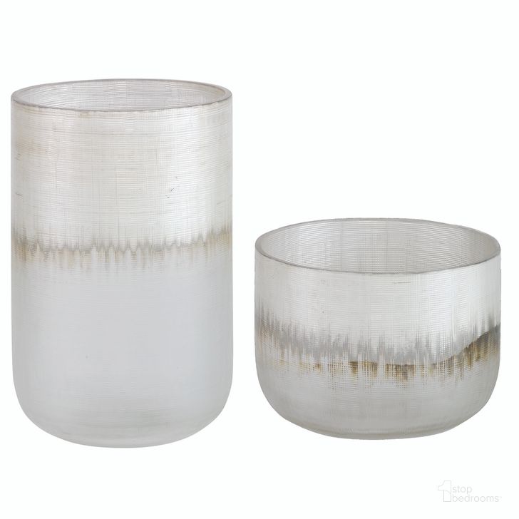 The appearance of Uttermost Frost Silver Drip Glass Vases Set Of 2 designed by Uttermost in the modern / contemporary interior design. This silver piece of furniture  was selected by 1StopBedrooms from Frost Collection to add a touch of cosiness and style into your home. Sku: 18071. Material: Glass. Product Type: Decorative Accessory. Image1