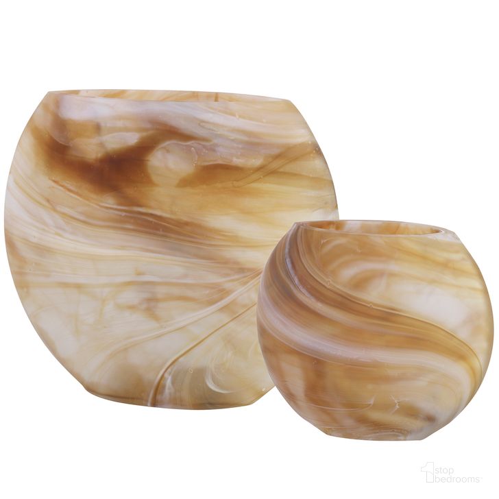 The appearance of Uttermost Fusion Swirled Caramel and Ivory Vases Set Of 2 designed by Uttermost in the modern / contemporary interior design. This caramel piece of furniture  was selected by 1StopBedrooms from Fusion Collection to add a touch of cosiness and style into your home. Sku: 18070. Material: Glass. Product Type: Decorative Accessory. Image1
