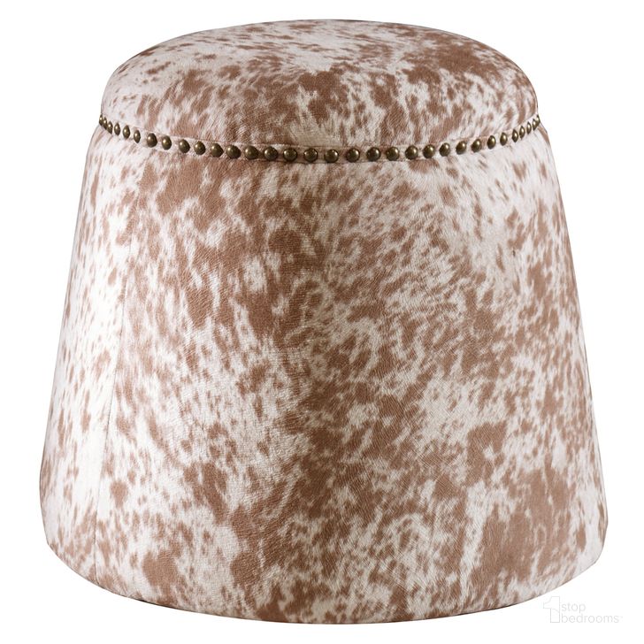 The appearance of Uttermost Gumdrop Cow Hide Ottoman designed by Uttermost in the transitional interior design. This white and brown piece of furniture  was selected by 1StopBedrooms from Gumdrop Collection to add a touch of cosiness and style into your home. Sku: 23725. Product Type: Ottoman. Material: Plywood. Image1