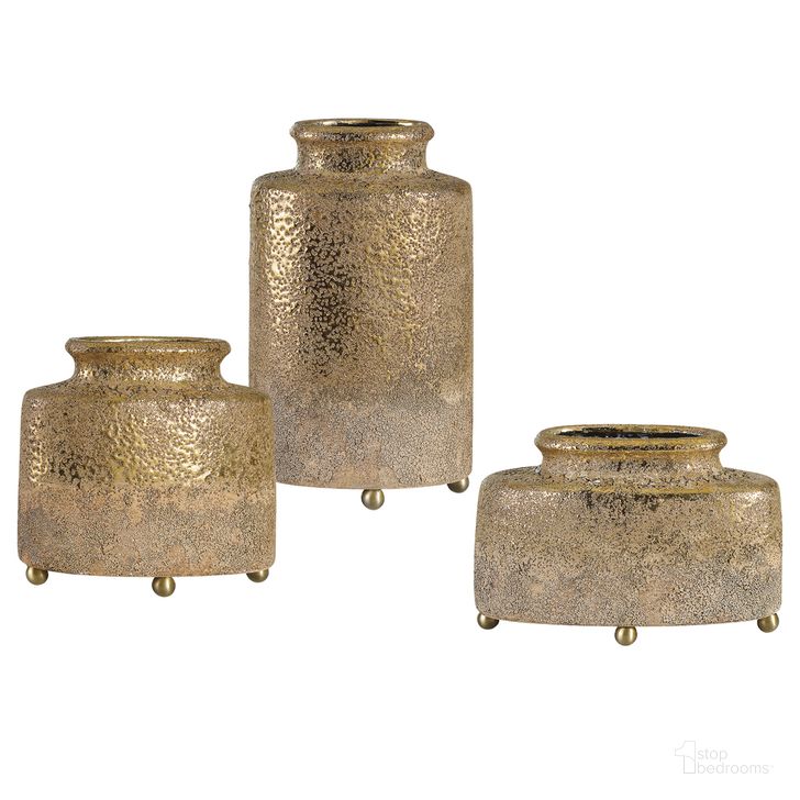 The appearance of Uttermost Kallie Metallic Golden Vessels Set Of 3 designed by Uttermost in the modern / contemporary interior design. This gold piece of furniture  was selected by 1StopBedrooms from  to add a touch of cosiness and style into your home. Sku: 18924. Material: Metal. Product Type: Decorative Accessory. Image1