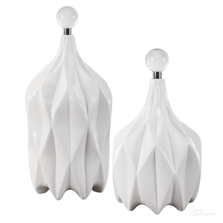 The appearance of Uttermost Klara White Bottles Set Of 2 designed by Uttermost in the transitional interior design. This white piece of furniture  was selected by 1StopBedrooms from Klara Collection to add a touch of cosiness and style into your home. Sku: 17868. Product Type: Decorative Accessory. Material: Iron. Image1