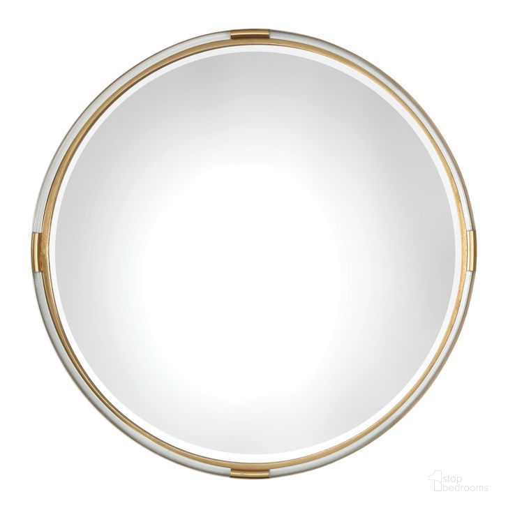 The appearance of Uttermost Mackai Round Gold Mirror designed by Uttermost in the modern / contemporary interior design. This gold piece of furniture  was selected by 1StopBedrooms from Mackai Collection to add a touch of cosiness and style into your home. Sku: 09333. Product Type: Mirror. Material: MDF. Image1