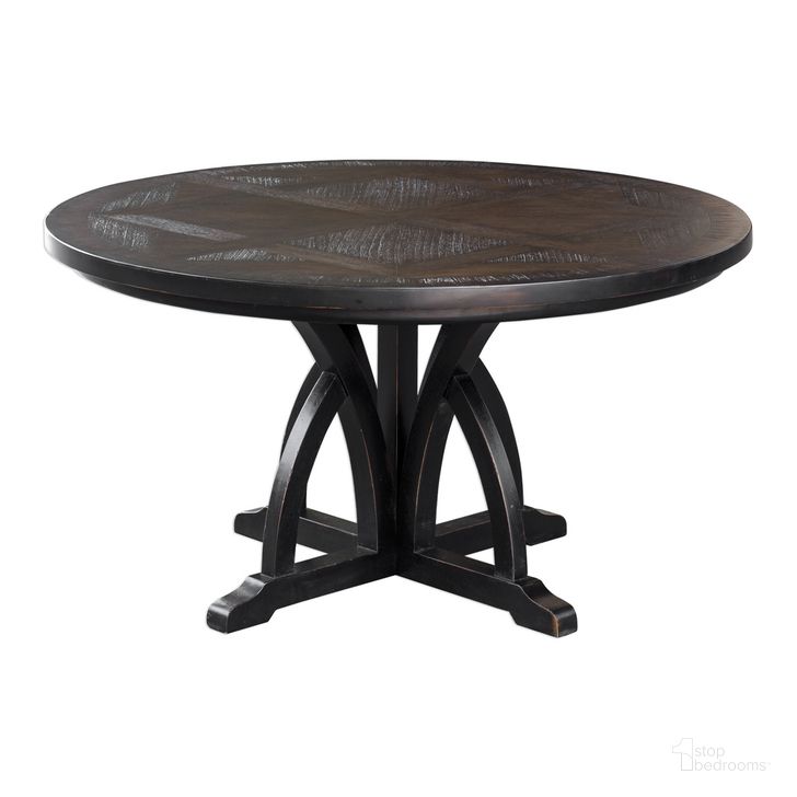 The appearance of Uttermost Maiva Round Black Dining Table designed by Uttermost in the modern / contemporary interior design. This black piece of furniture  was selected by 1StopBedrooms from Maiva Collection to add a touch of cosiness and style into your home. Sku: 25861. Table Base Style: Trestle. Table Top Shape: Round. Product Type: Dining Table. Material: MDF. Size: 56". Image1
