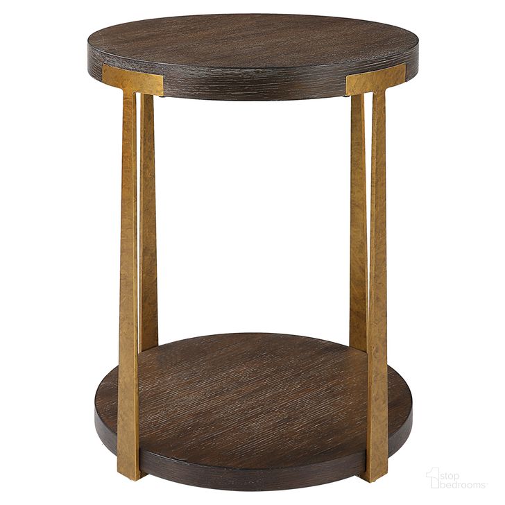 The appearance of Uttermost Palisade Round Wood Side Table designed by Uttermost in the modern / contemporary interior design. This antique gold piece of furniture  was selected by 1StopBedrooms from Palisade Collection to add a touch of cosiness and style into your home. Sku: 25554. Product Type: Side Table. Material: MDF. Image1