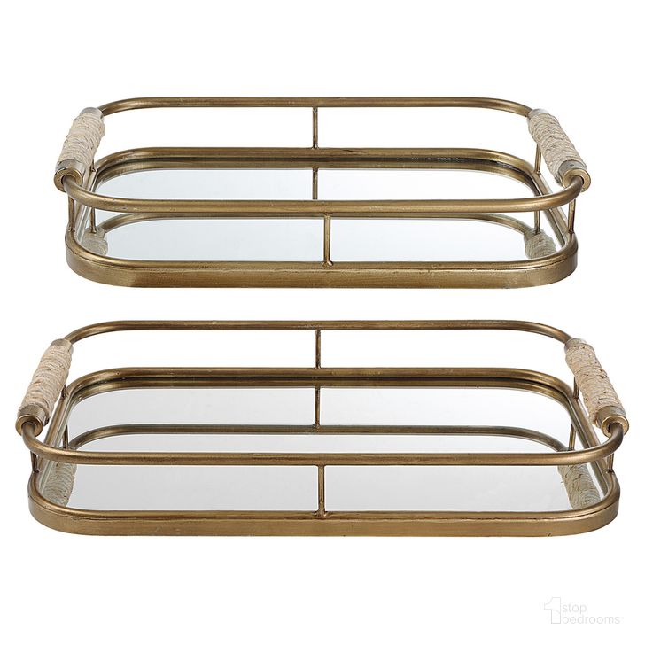 The appearance of Uttermost Rosea Brushed Gold Trays Set Of 2 designed by Uttermost in the transitional interior design. This gold piece of furniture  was selected by 1StopBedrooms from Rosea Collection to add a touch of cosiness and style into your home. Sku: 18014. Product Type: Tray. Material: MDF. Image1