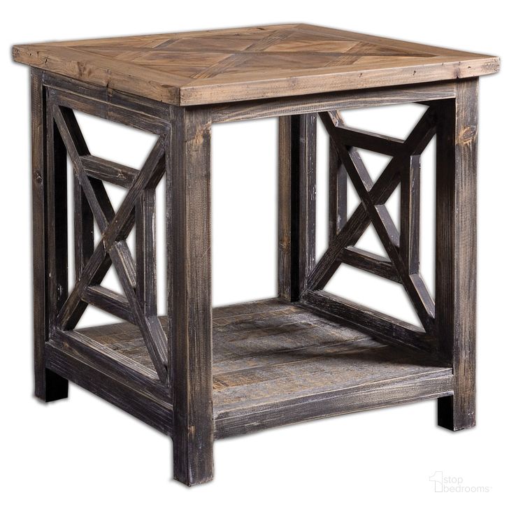 The appearance of Uttermost Spiro Reclaimed Wood End Table designed by Uttermost in the transitional interior design. This black piece of furniture  was selected by 1StopBedrooms from Spiro Collection to add a touch of cosiness and style into your home. Sku: 24263. Material: Wood. Product Type: End Table. Image1