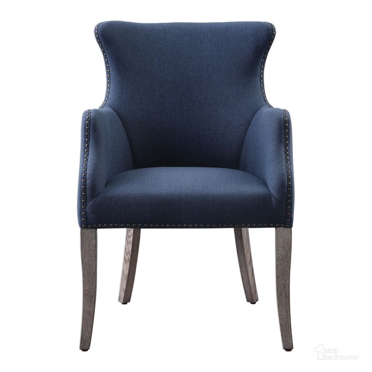 The appearance of Uttermost Yareena Blue Wing Chair designed by Uttermost in the modern / contemporary interior design. This blue piece of furniture  was selected by 1StopBedrooms from  to add a touch of cosiness and style into your home. Sku: 23499. Material: Wood. Product Type: Accent Chair. Image1